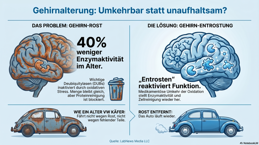 Gehirnalterung teilweise umkehrbar: Oxidativer Stress inaktiviert Schlüssel-Enzyme. Credits: LabNews Media LLC